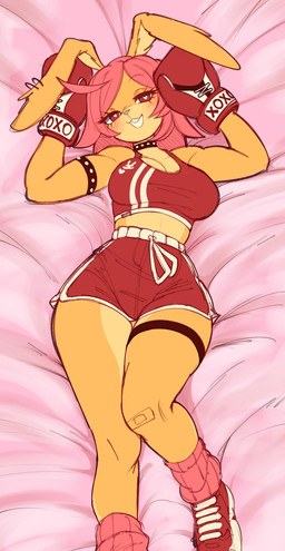 anthro armband athletic athletic_female athletic_wear band-aid band-aid_on_knee band-aid_on_leg bandage bandage_on_knee big_breasts blush bottomwear boxing_gloves bra breasts buckteeth choker clothing dakimakura eyelashes female footwear fur gym_bottomwear gym_shorts hair handwear heart_eyes heart_symbol jewelry legband necklace pink_clothing pink_footwear pink_hair pink_socks red_bottomwear red_bra red_clothing red_eyes red_footwear red_shoes red_shorts red_sports_bra red_underwear shoes shorts socks solo sports_bra teeth thick_thighs underwear xoxo yellow_body yellow_fur mochabaebae tebu_(mochabaebae) lagomorph leporid mammal rabbit dakimakura_design hi_res