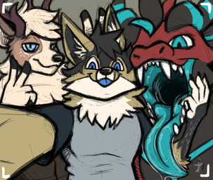 anthro blep bodily_fluids bunny_ears_(gesture) dripping fluffy freckled_face freckles gesture group hand_gesture looking_at_viewer male mouth_shot open_mouth saliva saliva_drip saliva_on_tongue saliva_string selfie tongue tongue_out trio tuft v_sign arkailart mythology arkail_(randomlucario) cider_(arkailart) vince_(arkailart) canid canine canis cervine deer dragon jackal mammal mythological_creature mythological_scalie scalie hi_res