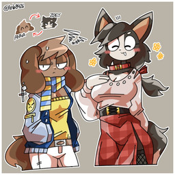 alternate_costume anthro belt black_body black_fur black_hair blush border bottomwear breasts brown_body brown_ears brown_fur brown_hair brown_tail cleavage clothed clothed_anthro clothed_female clothing clothing_swap collar cross cross_ear_piercing cross_piercing duo emoji_description eyelashes eyes_closed female female/female female_anthro front_view fur hair hand_in_pocket jacket legwear multicolored_body multicolored_fur narrowed_eyes outline pants piercing pockets red_bottomwear red_clothing red_collar red_skirt scarf shirt simple_background skirt smile tail text thigh_highs topwear white_border white_bottomwear white_clothing white_pants yellow_clothing yellow_shirt yellow_topwear lnb anna_holiday zoey_lambert canid canine canis domestic_dog mammal 1:1 2025 digital_drawing_(artwork) digital_media_(artwork)
