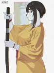 5_fingers anthro asian_clothing breasts circle_eyebrows clothing dark_hair east_asian_clothing eyebrows female fingers floppy_ears fur holding_melee_weapon holding_object holding_sword holding_weapon japanese_clothing kimono long_ears melee_weapon mouth_closed narrowed_eyes side_view solo sword weapon white_body white_ears white_face white_fur yellow_clothing yellow_kimono jxzuke mochi_(jxzuke) canid canine canis domestic_dog hunting_dog mammal mixed_breed scent_hound shiba_inu spitz 2024 digital_drawing_(artwork) digital_media_(artwork) half-length_portrait halftone hi_res portrait shaded