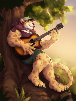 acoustic_guitar anthro blue_eyes bottomwear brown_clothing brown_mane brown_topwear clothed clothing fur green_bottomwear green_clothing green_hat green_headwear green_shorts grin guitar hat headgear headwear holding_guitar holding_musical_instrument holding_object male mane markings muscular muscular_anthro muscular_male musical_instrument orange_markings orange_spots outside pecs plant plucked_string_instrument red_nose shorts smile solo spots spotted_arms spotted_legs spotted_markings spotted_tail string_instrument tail tail_markings tail_tuft topwear tree tuft yellow_body yellow_fur solaxe_(artist) felid lion mammal pantherine 3:4 hi_res