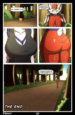 anthro big_breasts big_butt breasts butt clothed clothing day dialogue dressing dressing_self female forest fur motion_lines plant pokemorph rear_view solo speech_bubble text thick_thighs tree white_body white_fur wide_hips r3ptart nintendo pokemon cinderace generation_8_pokemon pokemon_(species) absurd_res colored comic hi_res