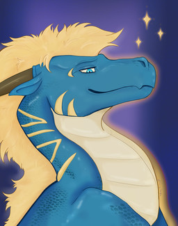 anthro blue_body blue_eyes claws hair horn male solo striped_body stripes furrymammy mythology andreas_the_royal_dragon dragon mythological_creature mythological_scalie scalie absurd_res hi_res