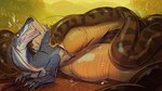 abdominal_bulge ambiguous_gender duo feet_first feral neck_bulge oral_vore stretched_mouth surprise swallowing vore spicynoodleart dinosaur prehistoric_species reptile scalie snake 16:9 hi_res widescreen