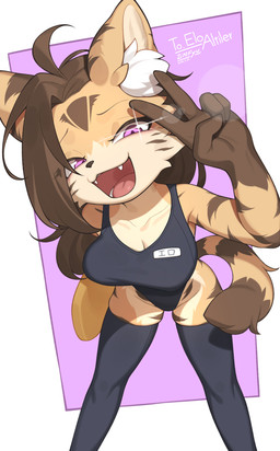 5_fingers anthro biped breasts brown_body brown_fur brown_hair brown_stripes brown_tail clothed clothed_anthro clothed_female clothing countershade_fur countershade_torso countershading female fingers front_view fur hair inner_ear_fluff legwear looking_at_viewer open_mouth open_smile pink_eyes simple_background smile solo standing striped_body striped_fur stripes tail teeth thigh_highs tongue tuft zinfyu felid feline mammal 2026 absurd_res digital_drawing_(artwork) digital_media_(artwork) hi_res