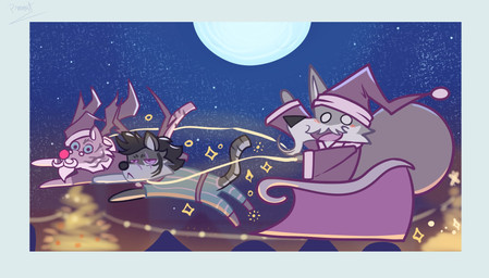 age_difference aged_up anthro beard chibi christmas_clothing christmas_decorations christmas_headwear christmas_lights christmas_tree clothing cosplay costume detailed_background facial_hair flying fur gift_bag greeting grey_body grey_fur group hat headgear headwear holidays horn looking_at_viewer male mature_anthro mature_male moon night older_anthro older_human open_mouth open_smile orange_body orange_fur plant santa_costume santa_hat scar smile stripes tail tree trio pinumontbalou christmas sdorica law_(sdorica) pang_(sdorica) yao_(sdorica) canid canine canis felid feline felis mammal pantherine tiger wolf hi_res