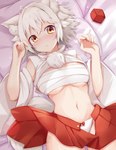 amber_eyes bandage bandaged_chest big_breasts bottomwear breasts clothed clothing female fur lying on_back panties skirt solo tail tail_over_skirt underwear white_body white_ears white_fur lulu_akituki touhou momiji_inubashiri humanoid