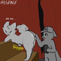 anthro butt clothing curtains curtains_closed dialogue duo fur hat hat_only headgear headgear_only headwear headwear_only male male/male mostly_nude rumbling_stomach white_body white_fur lspagf boy_kisser_(meme) felid feline mammal 1:1 absurd_res hi_res meme