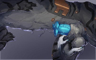 animal_genitalia animal_penis ball_tuft balls big_penis blue_penis bodily_fluids feral finger_in_sheath floating_hands fur genital_fluids genitals half-erect hand_on_balls holding_balls low-angle_view male male_feral penis precum precum_on_balls precum_on_own_penis precum_on_penis servicing_from_below sheath sheath_play text tuft drippingfangs yeena_(panzeryeena) felkin hybrid hyena mammal absurd_res digital_media_(artwork) english_text hi_res