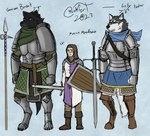 anthro armor black_body black_fur blue_eyes boots bottomwear brown_eye brown_eyes clothing fantasy female footwear fur grey_body grey_eyes grey_fur group heterochromia hood male medieval_clothing melee_weapon pants polearm scarf shield shoes simple_background skirt spear straps sword text weapon white_body white_fur blokfort canid canine canis domestic_dog human husky mammal nordic_sled_dog spitz wolf 2023 english_text model_sheet