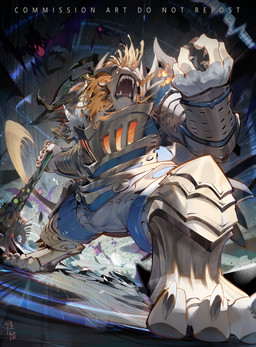 5_fingers action_pose anthro armor axe battle_axe blonde_hair claws clothed clothing finger_claws fingers fully_clothed fur gums hair holding_battle_axe holding_melee_weapon holding_object holding_weapon male melee_weapon open_mouth pose simple_eyes solo teeth text toe_claws tongue_showing weapon white_body white_fur chiayeeee felid horned_lion lion mammal monster pantherine 2023 absurd_res english_text hi_res signature