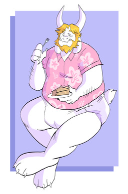 abstract_background ageplay anthro beard blonde_hair claws clean_diaper clothed clothing cutlery dessert diaper eating facial_hair food fork hair horn infantilism kitchen_utensils long_ears male overweight overweight_anthro overweight_male pastry pie roleplay shirt sitting solo tools topwear wearing_diaper slusheep undertale undertale_(series) asgore_dreemurr boss_monster_(undertale) bovid caprine mammal hi_res