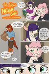 anthro blush bovid bovine caprine cattle clothed clothing comic dialogue english_text equid equine female fur group hair hi_res horse imminent_sex kevira065 male male/female mammal pink_body pink_fur plotting purple_hair sheep stylized text