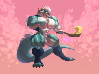 abs anthro big_muscles big_pecs claws cooking digitigrade food fried_rice hair horn huge_muscles huge_pecs hyper hyper_muscles hyper_pecs long_tail male muscular muscular_thighs pecs rice solo tail white_hair neonbarx mythology dragon mythological_creature mythological_scalie scalie 4:3 hi_res