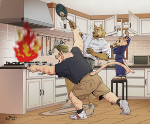 anthro appliance bacon black_pawpads blue_bottomwear blue_clothing blue_pajamas blue_pants blue_shirt blue_topwear bottomwear brick brick_wall brown_bottomwear brown_clothing brown_shorts burnt_food butcher_knife cargo_shorts clothing cooking denim denim_bottomwear denim_clothing drawer egg fire floor food footwear fur furgonomic_pants furniture green_clothing green_hat green_headwear group hat headgear headwear holding_pan jeans kitchen kitchen_appliance kitchen_utensils ladle male meat microwave_oven motion_lines panicking pants pawpads placard rug scissors shirt shoes shorts sneakers spatula standing_on_stool stool stove sunny_side_up_egg tail tan_body tan_clothing tan_footwear tan_fur tan_shoes text tile tile_wall tools topwear trio ventilator wall_(structure) white_clothing white_footwear white_shirt white_shoes white_sneakers white_topwear wood wood_floor miru3192 canid canine canis domestic_dog felid german_shepherd herding_dog mammal pantherine pastoral_dog tiger 2020 hi_res korean_text signature father_(lore) father_and_child_(lore) father_and_son_(lore) parent_(lore) parent_and_child_(lore) parent_and_son_(lore) son_(lore)
