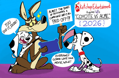 4_toes anthro black_eyes black_nose black_spots blue_background blue_collar chest_tuft collar facial_tuft feet female feral floppy_ears fluffy_ears food freckled_face freckles fur group heterochromatic_ears hug ketchup leg_markings male markings red_collar signpost simple_background socks_(marking) speech_bubble spots tablet text toes trio tuft white_body white_fur yellow_eyes danukistudio 101_dalmatian_street 101_dalmatians coyote_vs._acme disney looney_tunes warner_brothers dolly_(101_dalmatians) dylan_(101_dalmatians) wile_e._coyote canid canine canis coyote dalmatian domestic_dog mammal crossover english_text hi_res