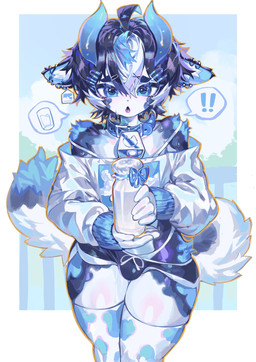 anthro bell bell_collar black_hair blue_eyes blue_horn bodily_fluids bra_strap bulge clothing collar container dolphin_shorts ear_piercing exclamation_point femboy hair head_tuft holding_object horn jar legwear male milk multicolored_body open_mouth piercing shoulderless_shirt solo speech_bubble standing stockings sweat sweatdrop tail thick_thighs thigh_highs thong_straps topwear tuft magic_dream00 bovid bovine cattle mammal hi_res