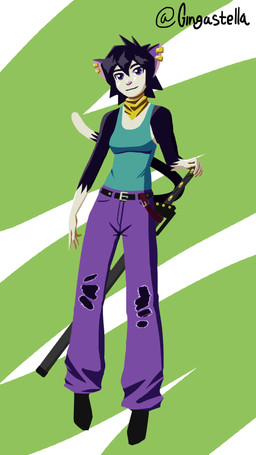 anthro blue_clothing blue_shirt blue_topwear bottomwear clothing ear_piercing female fur multicolored_body multicolored_fur pants piercing purple_bottomwear purple_clothing purple_eyes purple_pants scarf sheathed_sword shirt simple_background solo topwear yellow_scarf gingastella alix_(gingastella) domestic_cat felid feline felis humanoid mammal 9:16 hi_res