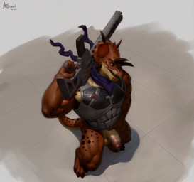 anthro armor balls bodily_fluids bottomless brown_horn clothed clothing facial_spots foreskin genital_fluids genitals gun gun_on_shoulder holding_gun holding_object holding_penis holding_ranged_weapon holding_weapon horn humanoid_genitalia humanoid_penis male male_anthro markings muscular muscular_anthro muscular_male open_mouth orange_body penis precum precum_on_ground ranged_weapon sharp_teeth solo spots spotted_arms spotted_face spotted_legs spotted_markings spotted_tail standing tail tail_markings teeth weapon wide_stance yellow_balls yellow_penis aduran dinosaur prehistoric_species reptile scalie absurd_res hi_res