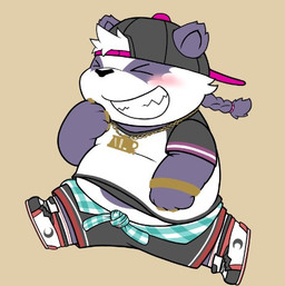 anthro belly big_belly biped black_nose blush bottomwear chibi clothing eyes_closed hat headgear headwear kemono pants shirt shorts simple_background slightly_chubby solo topwear bear_2key lifewonders tokyo_afterschool_summoners alp_(tas) bear giant_panda mammal 2021 low_res