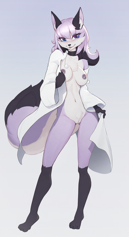 3_toes anthro areola belly belly_tuft black_body black_fur black_nose blep blue_eyes blush bottomless breasts cheek_tuft chest_tuft choker claws clothed clothing coat coat_only digitigrade ears_up eyelashes eyelashes_through_hair facial_tuft feet female finger_claws fingers fluffy fluffy_tail fur genitals hair holding_clothing holding_object inner_ear_fluff innie_vulva jewelry long_hair medium_breasts mostly_nude multicolored_body multicolored_fur multicolored_hair navel necklace nipples no_underwear partially_clothed purple_body purple_fur purple_nipples simple_background smile solo standing tail toe_claws toes tongue tongue_out topwear topwear_only translucent translucent_hair tuft two_tone_hair unsigned vulva white_belly white_body white_fur yorzis arctic_fox canid canine fox mammal mustelid musteline true_fox true_musteline 2023 digital_media_(artwork) full-length_portrait hi_res portrait