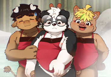 4_fingers 5_fingers anthro apron apron_only arms_bent asian_clothing balls bib big_penis biped black_body blonde_hair blush blush_lines bottomless bottomless_anthro bottomless_male bunny_ears_(gesture) chest_tuft chinese_clothing clothed clothing countershade_arms countershade_crotch countershade_face countershade_hands countershade_torso countershading covering covering_crotch dark_hair detailed_background dudou east_asian_clothing erection eyewear fingers flaccid floppy_ears fog foreskin fur genitals gesture glasses group hair hand_on_hip hand_on_own_hip holding_another's_arm holding_another's_penis holding_penis horn hot_spring humanoid_genitalia humanoid_penis looking_at_another looking_down looking_down_at_self male male/male moobs mouth_closed nipples open_mouth outside overweight overweight_anthro overweight_male overweight_young partially_retracted_foreskin penis rock smile standing tail teeth tongue trio tuft water wearing_glasses white_hair young young_anthro young_male young_on_young darkmagic bovid bovine canid canine canis cattle domestic_dog domestic_pig mammal suid suine sus_(pig) hi_res