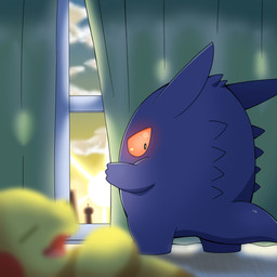 ambiguous_gender anthro back_spikes biped cheek_spots cloud curtains detailed_background duo eyes_closed inside looking_at_another looking_back looking_back_at_another lying on_back open_mouth pupils purple_body red_sclera semi-anthro sleeping solo_focus spikes spikes_(anatomy) sun window yellow_body tatu_wani nintendo pokemon generation_1_pokemon gengar pikachu pokemon_(species) 1:1 2022 digital_media_(artwork) hi_res
