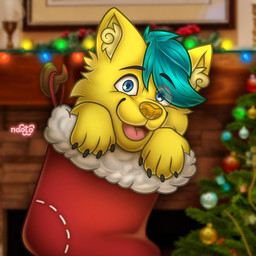 anthro christmas_decorations christmas_lights christmas_stocking christmas_tree clothing footwear holidays male plant socks solo tree naoto christmas canid canine canis domestic_cat felid feline felis mammal wolf 1:1 hi_res