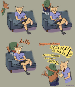 anthro bored cellphone dialogue duo electronics furniture genitals handjob humor laugh male male/male penile penis phone sex simple_background smartphone sofa surprised tail tail_motion tailwag text ravalska poro_alska rav_alska canid canine deer fox mammal absurd_res comic hi_res