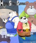 anthro belly black_body black_fur bottomwear brown_body brown_fur clothing eyes_closed eyewear facial_hair fur glasses group humanoid_hands kemono male mustache navel overalls overweight overweight_male pants shirt text topwear white_body white_fur norataro bear giant_panda mammal polar_bear ursine 2010 5:6