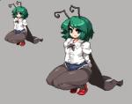 antennae_(anatomy) bottomwear cape clothed clothing crouching daisy_dukes denim denim_bottomwear denim_clothing denim_shorts female footwear green_eyes green_hair hair hotpants minishorts shirt shoes shorts smile solo topwear takorin touhou wriggle_nightbug animal_humanoid arthropod arthropod_humanoid humanoid insect insect_humanoid digital_media_(artwork) pixel_(artwork)