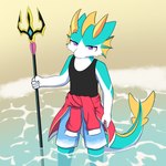 anthro beach black_clothing blue_body clothing fin holding_object holding_weapon horn male melee_weapon polearm purple_eyes red_clothing shark_tail solo trident weapon young zetsuya06 mythology samudra_(zetsuya06) dragon fish hybrid marine mythological_creature mythological_scalie scalie shark 1:1 hi_res