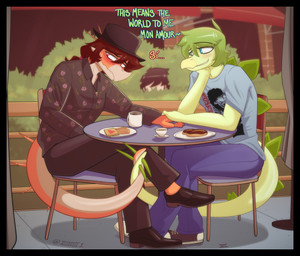 anthro anthro_on_anthro beverage black_border black_bottomwear black_clothing black_pants black_shirt black_topwear blue_bottomwear blue_clothing blue_eyes blue_pants blush bodily_fluids border bottomwear brown_hair clothed clothed_anthro clothed_male clothing coffee coffee_mug container cross crossgender cup date dessert detailed_background doughnut entwined_tails eyebrow_through_hair eyebrows feet female fingers floral_print food footwear ftm_crossgender furniture green_body green_hair grey_clothing grey_shirt grey_topwear group hair hand_on_hand happy hat headgear headwear hiding humanoid_feet humanoid_hands interspecies jewelry long_hair long_tail looking_aside male male/male mtf_crossgender mug necklace nervous orange_body outside pants pastry plant plantigrade romantic romantic_couple shadow shirt shoes short_hair shrub shy sitting smile spiked_tail spikes spikes_(anatomy) sweat sweatdrop table tail tail_coil tan_body text topwear translucent translucent_hair trio seven_(artist) cavemanon_studios goodbye_volcano_high ko_op_(game_developer) snoot_game anon_(snoot_game) rosa_(gvh) stella_(gvh_beta) aquilops ceratopsian dinosaur human mammal marginocephalian ornithischian prehistoric_species reptile scalie stegosaurian stegosaurus thyreophoran absurd_res artist_name colored english_text french_text hi_res shaded spanish_text