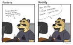 anthro band_shirt black_ears black_hands black_nose brown_body brown_fur chair clothing computer computer_screen desk dialogue drawing drawing_tablet ear_piercing electronics eyebrows eyes_always_closed eyes_closed fur furniture male office_chair piercing pink_piercing shirt simple_background smile speech_bubble table text thick_eyebrows topwear whisker_spots white_background p_rindustries p_rindustries_(p_rindustries) canid canine mammal raccoon_dog tanuki 16:10 comic english_text hi_res signature widescreen