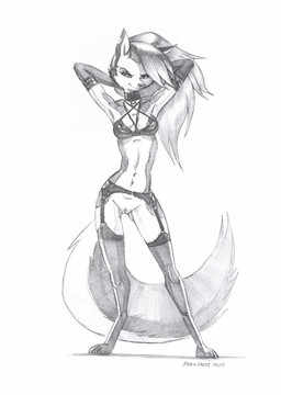 anthro armwear bottomless bra breasts clothed clothing collar digitigrade elbow_gloves eyebrows eyelashes female garter_belt garter_straps genitals gloves hands_behind_head handwear innie_vulva legwear lingerie smile solo stockings underwear vulva baron_engel hellaverse helluva_boss mythology loona_(helluva_boss) canid canid_demon canine demon hellhound mammal mythological_canine mythological_creature 2025 graphite_(artwork) greyscale hi_res monochrome traditional_media_(artwork)