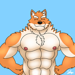 abs anthro bouncing_pecs brown_eyes chest_tuft fluffy fluffy_chest fur hands_on_hips male multicolored_body multicolored_fur muscular muscular_anthro muscular_male nipples one_eye_closed orange_body orange_fur pec_flex pecs simple_background solo tan_body tan_fur tongue tongue_out tuft two_tone_body two_tone_fur wink yellow_body yellow_fur saddragon16_(artist) canid canine canis domestic_dog mammal shiba_inu spitz 1:1 animated animated_gif short_playtime