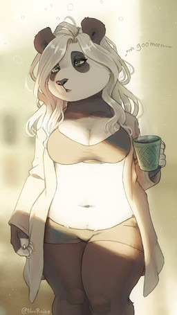 abstract_background anthro belly belly_overhang beverage bra breasts claws cleavage clothed clothed_anthro clothing coffee coffee_mug female finger_claws hair light light_beam medium_breasts midriff navel simple_background slightly_chubby slightly_chubby_anthro slightly_chubby_female solo standing sunbeam sunlight thick_thighs tired underwear white_hair wide_hips noviraine november_(noviraine) bear giant_panda mammal