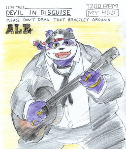 acoustic_guitar anthro blush bottomwear clothing cute_fangs fangs fur guitar hat headgear headwear humanoid_hands male musical_instrument necktie overweight overweight_anthro overweight_male pants plucked_string_instrument purple_body purple_fur shirt solo string_instrument teeth text topwear aotadobukitch lifewonders tokyo_afterschool_summoners alp_(tas) bear giant_panda mammal 2019 english_text