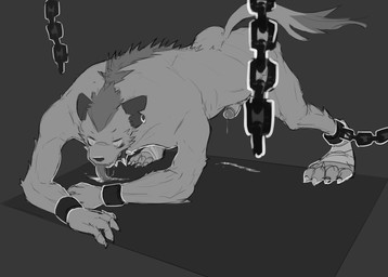 anthro bdsm bodily_fluids bound chain chained genitals male nude penis simple_background solo ssseeesss hyena mammal spotted_hyena absurd_res hi_res monochrome sketch
