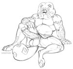 anthro balls big_balls big_pecs big_penis bottomwear breath clothing erection fluffy fluffy_hair fluffy_mane fluffy_tail genitals hair loincloth male musclegut muscular muscular_male panting pawpads pecs penis revealing_penis solo tail tongue tongue_out buzzybub canid canine canis chow_chow domestic_dog mammal spitz 2023 monochrome