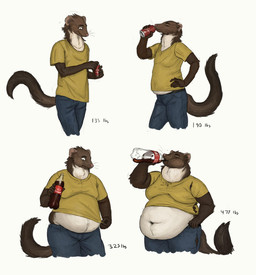 anthro base_two_layout basic_sequence belly belly_overhang beverage brown_body brown_fur clothed clothing drinking eyes_closed four_frame_grid four_frame_image four_frame_sequence fur grid_layout hand_on_hip holding_beverage holding_object imperial_unit male midriff moobs navel number overweight overweight_anthro overweight_male regular_grid_layout simple_background slightly_chubby smile soda solo stated_weight torn_clothing two_row_layout unit weight_gain weight_progression white_background white_body white_fur cettus marten_(cettus) beech_marten gulonine mammal marten mustelid musteline 2019 hi_res sequence