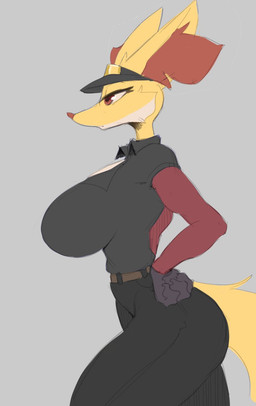 anthro big_breasts breasts clothed clothing female fur hat headgear headwear huge_breasts inner_ear_fluff red_body red_eyes red_fur red_inner_ear_fluff red_nose simple_background solo thick_thighs tuft visor_cap yellow_body yellow_fur cooliehigh nintendo pokemon delphox generation_6_pokemon pokemon_(species) 2022 hi_res