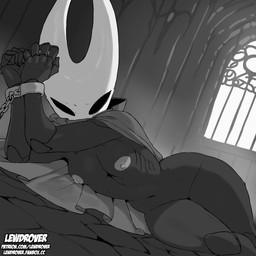 anthro black_eyes bound breasts cloak cloak_only clothing cuff_(restraint) female handcuffed handcuffs hands_tied looking_at_viewer metal_cuffs mostly_nude_anthro mostly_nude_female nipples non-mammal_breasts non-mammal_nipples restraints slim_anthro slim_female small_breasts solo lewdrover hollow_knight_(franchise) team_cherry hornet_(hollow_knight) arthropod 1:1 absurd_res hi_res monochrome