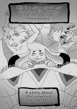 anthro beard bedding big_ears big_feet blanket blush blush_lines bodily_fluids breasts bubble buckteeth clothing collarbone convenient_censorship countershade_face countershade_fur countershade_torso countershading covering covering_breasts drooling eyebrows facial_hair feathers feet female fur leg_markings male markings muscular muscular_anthro muscular_male nude nude_female nude_male one_eye_obstructed saliva size_difference smaller_female smile smiling_at_viewer snot snot_bubble socks_(marking) teeth text the_end thick_eyebrows efradraws northwind_(efradraws) isepo_(efradraws) kasni_(efradraws) uspul_(efradraws) avian bird canid canine canis corvid lagomorph leporid mammal oscine passerine rabbit wolf absurd_res black_and_white comic digital_media_(artwork) english_text halftone hi_res monochrome