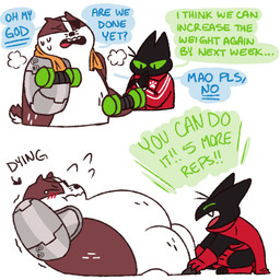 anthro belly blush cape clothing cybernetics duo exercise eye_patch eyewear machine male overweight overweight_male red_clothing sit-up text tired training weightlifting workout shapeshiftinterest cartoon_network mao_mao:_heroes_of_pure_heart badgerclops sheriff_mao_mao_mao badger cyborg domestic_cat felid feline felis mammal mustelid musteline 1:1 english_text hi_res