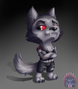 anthro arms_bent arms_in_front arms_together big_eyes black_nose chest_tuft chibi claws clothing crossed_arms eyebrows fur grey_body grey_fur head_tuft jacket male markings notched_ear raised_eyebrow red_sclera solo spikes standing straight_legs toe_claws topwear torn_clothing tuft white_eyes cuervo-of-cristal hellaverse helluva_boss mythology vortex_(helluva_boss) canid canid_demon canine demon hellhound mammal mythological_canine mythological_creature 2021 absurd_res hi_res