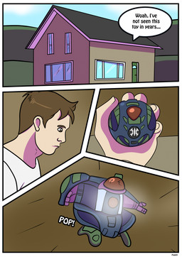brown_hair building dialogue hair holding_object house human_only imminent_transformation inside male not_furry solo text toy rex_equinox bakugan preyas_(bakugan) human mammal comic english_text hi_res