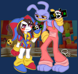 3_toes annoyed anthro blush censored_fingers clothed clothing duo feet female fool's_hat footwear gesture gloves grey_body hand_gesture handwear hat headgear headwear jester looking_at_another male middle_finger overalls purple_body shoes smile standing toes reinadecorazonez glitch_productions the_amazing_digital_circus jax_(tadc) pomni_(tadc) human lagomorph leporid mammal rabbit hi_res