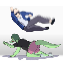 all_fours anthro bald biped black_clothing black_shirt black_topwear blue_clothing blue_jacket blue_topwear bottomwear canon_couple clothed clothed_female clothed_male clothing crawling duo eyewear falling female fingers fist footwear furgonomics green_body green_hair grey_bottomwear grey_clothing grey_eyes grey_pants hair human_on_anthro humanoid_hands imminent_attack interspecies jacket male male/female motion_blur motion_lines pants pink_bottomwear pink_clothing pink_shorts shadow shirt shoes shorts side_view simple_background socks sunglasses tail topwear white_background white_clothing white_shirt white_topwear yellow_sclera 0_l_d cavemanon_studios i_wani_hug_that_gator inco_(iwhtg) olivia_halford baryonyx dinosaur human mammal prehistoric_species reptile saurischian scalie spinosaurid theropod 2025 colored hi_res shaded