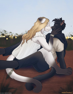 anthro black_clothing black_hands black_legs clock clothing duo evening eyes_closed female fur hair haircut hug kissing long_hair male nature nature_background outside piercing pink_nose shirt short_hair tan_hair text topwear watch white_body white_clothing white_fur white_shirt white_topwear xleb0rezka domestic_cat felid feline felis mammal hi_res url